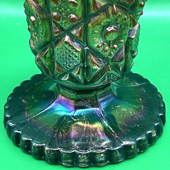 Vintage 1950s Imperial Carnival Glass Daisy Button Green Flared Vase Crimped Rim - Picture 10 of 16